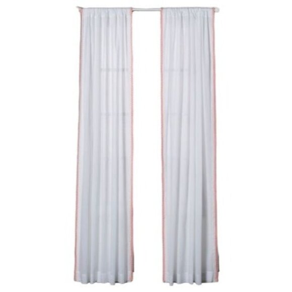 Pillowfort Daydream White w/Pink Pom Poms Sheer Curtains 95" H x 42" W SET OF 2 - Picture 1 of 8